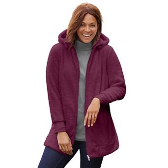 Woman Within Plus Size Fluffy Fleece Hoodie Jacket