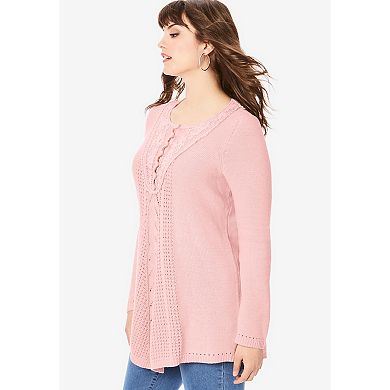 Roaman's Women's Plus Size Lace Yoke Pullover Sweater