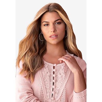 Roaman's Women's Plus Size Lace Yoke Pullover Sweater