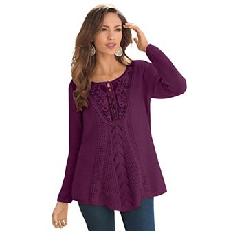 Roaman's Women's Plus Size Plus Size Lace Yoke Pullover Sweater