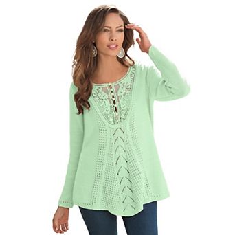 Roaman's Women's Plus Size Plus Size Lace Yoke Pullover Sweater