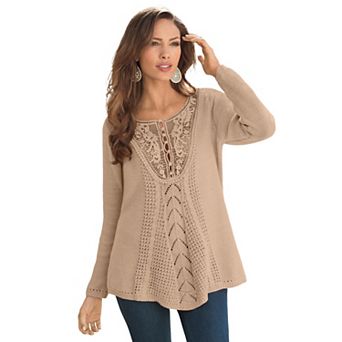 Roaman's Women's Plus Size Plus Size Lace Yoke Pullover Sweater
