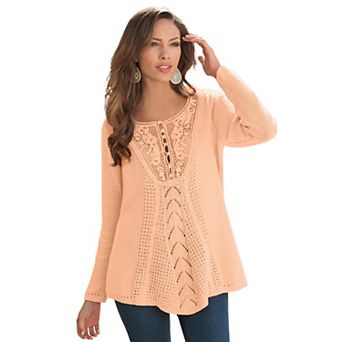Roaman's Women's Plus Size Lace Yoke Pullover Sweater