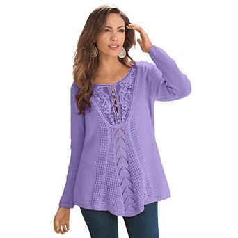 Roaman's Women's Plus Size Plus Size Lace Yoke Pullover Sweater