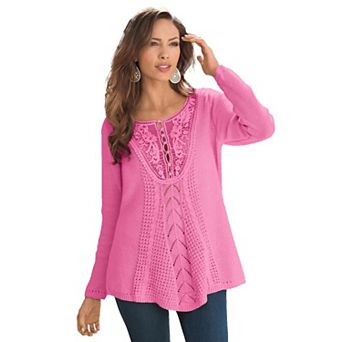 Roaman's Women's Plus Size Plus Size Lace Yoke Pullover Sweater