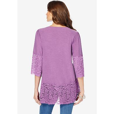 Roaman's Women's Plus Size Lace-Hem Pintuck Tunic