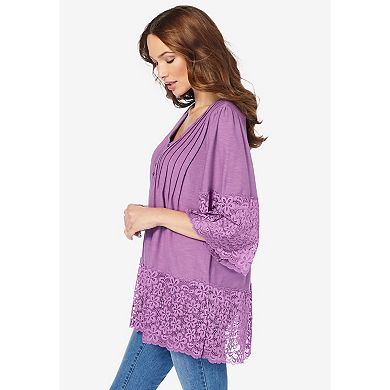 Roaman's Women's Plus Size Lace-hem Pintuck Tunic