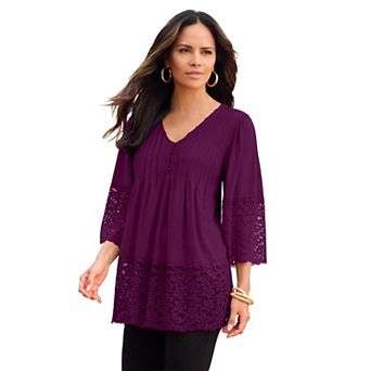 Roaman's Women's Plus Size Lace-Hem Pintuck Tunic