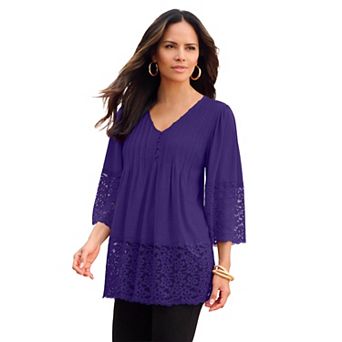 Roaman's Women's Plus Size Lace-Hem Pintuck Tunic