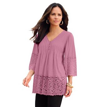 Roaman's Women's Plus Size Lace-Hem Pintuck Tunic