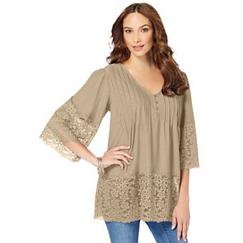 Roaman's Women's Plus Size Lace-Hem Pintuck Tunic