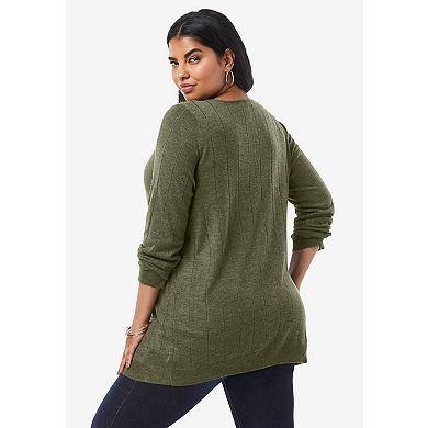 Roaman's Women's Plus Size Fine Gauge Drop Needle V Neck Sweater
