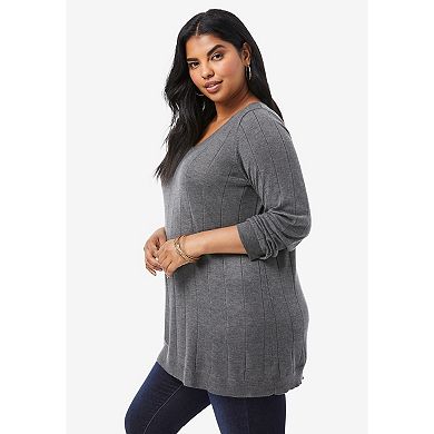 Roaman's Women's Plus Size Drop Needle V-Neck Lightweight Sweater Knit