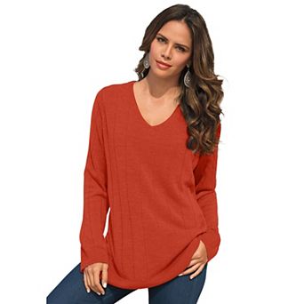 Roaman's Women's Plus Size Plus Size Drop Needle V-Neck Lightweight Sweater Knit