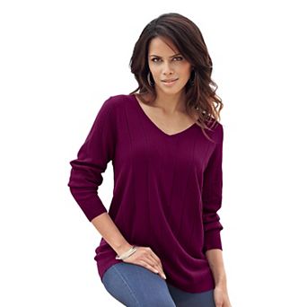 Roaman's Women's Plus Size Drop Needle V-Neck Lightweight Sweater Knit