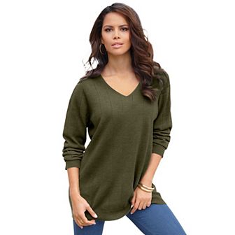 Roaman's Women's Plus Size Plus Size Drop Needle V-Neck Lightweight Sweater Knit