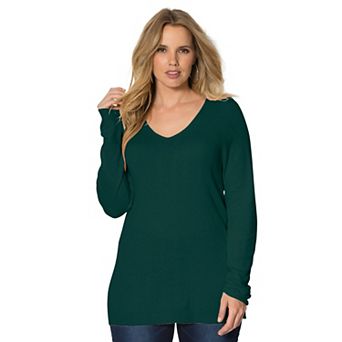 Roaman's Women's Plus Size Drop Needle V-Neck Lightweight Sweater Knit