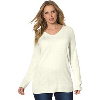 Roaman's Women's Plus Size Drop Needle V-Neck Lightweight Sweater Knit