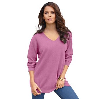 Roaman's Women's Plus Size Plus Size Drop Needle V-Neck Lightweight Sweater Knit