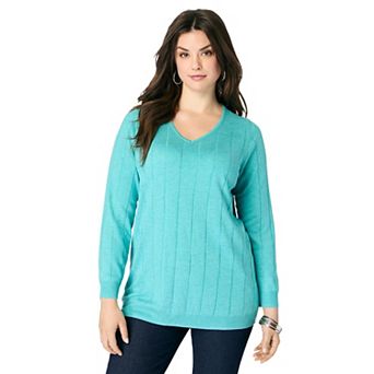 Roaman's Women's Plus Size Plus Size Drop Needle V-Neck Lightweight Sweater Knit
