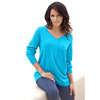 Roaman's Women's Plus Size Plus Size Drop Needle V-Neck Lightweight Sweater Knit