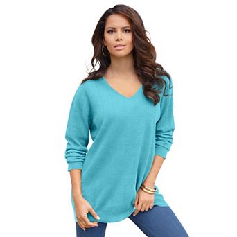Roaman's Women's Plus Size Plus Size Drop Needle V-Neck Lightweight Sweater Knit