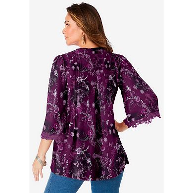Roaman's Women's Plus Size Plus Size Juliet Lace Trim Button-Down Shirt