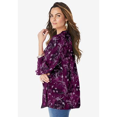 Roaman's Women's Plus Size Juliet Lace Trim Button-Down Shirt