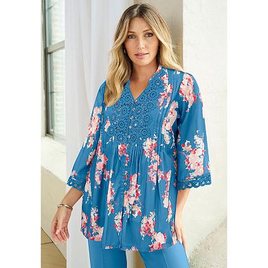 Roaman's Women's Plus Size Juliet Lace Trim Button-Down Shirt