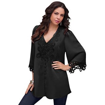 Roaman's Women's Plus Size Plus Size Juliet Lace Trim Button-Down Shirt