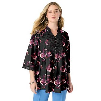 Roaman's Women's Plus Size Plus Size Juliet Lace Trim Button-Down Shirt