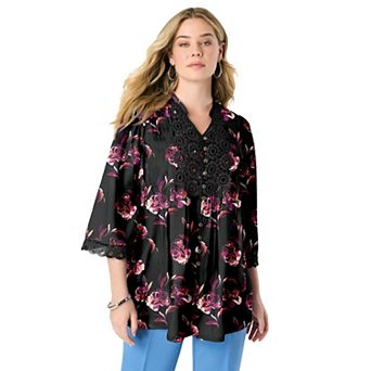 Roaman's Women's Plus Size Juliet Lace Trim Button-Down Shirt
