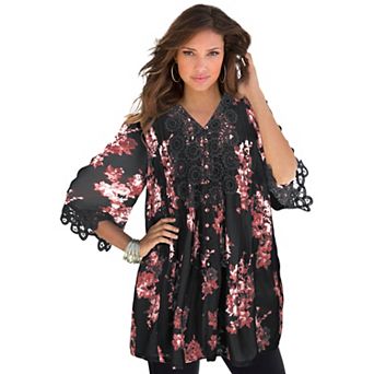 Roaman's Women's Plus Size Juliet Lace Trim Button-Down Shirt
