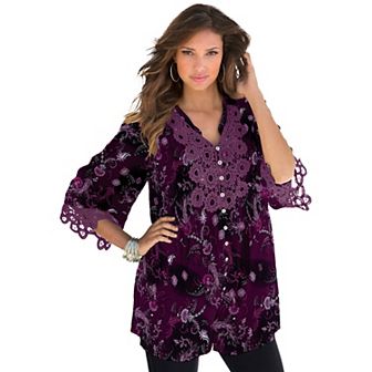 Roaman's Women's Plus Size Plus Size Juliet Lace Trim Button-Down Shirt