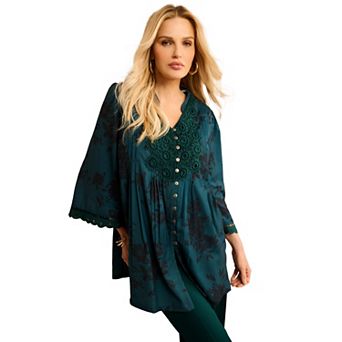 Roaman's Women's Plus Size Juliet Lace Trim Button-Down Shirt