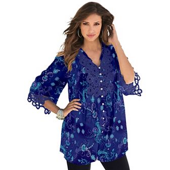Roaman's Women's Plus Size Plus Size Juliet Lace Trim Button-Down Shirt
