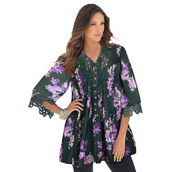 Roaman's Women's Plus Size Juliet Lace Trim Button-Down Shirt