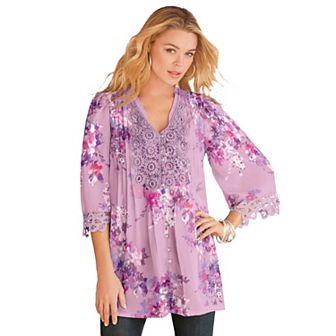 Roaman's Women's Plus Size Plus Size Juliet Lace Trim Button-Down Shirt