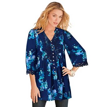 Roaman's Women's Plus Size Juliet Lace Trim Button-Down Shirt