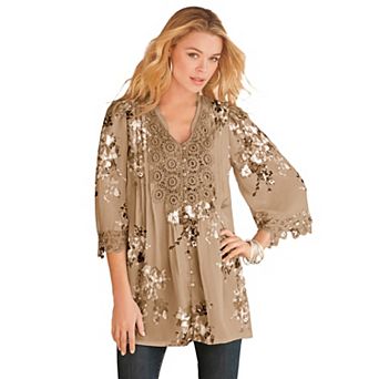 Roaman's Women's Plus Size Plus Size Juliet Lace Trim Button-Down Shirt