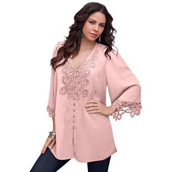Roaman's Women's Plus Size Plus Size Juliet Lace Trim Button-Down Shirt