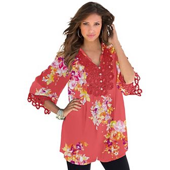 Roaman's Women's Plus Size Plus Size Juliet Lace Trim Button-Down Shirt