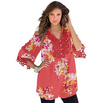 Roaman's Women's Plus Size Plus Size Juliet Lace Trim Button-Down Shirt