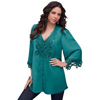 Roaman's Women's Plus Size Plus Size Juliet Lace Trim Button-Down Shirt