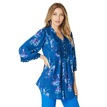 Roaman's Women's Plus Size Juliet Lace Trim Button-Down Shirt