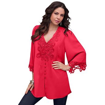 Roaman's Women's Plus Size Plus Size Juliet Lace Trim Button-Down Shirt
