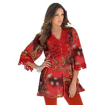 Roaman's Women's Plus Size Plus Size Juliet Lace Trim Button-Down Shirt