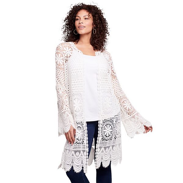 Roaman's Women's Plus Size Floral Lace Crochet Duster