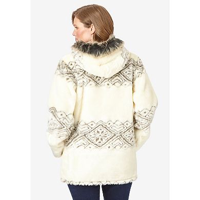 Woman Within Women's Plus Size Faux Fur Snowflake Print Hooded Jacket