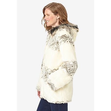 Woman Within Plus Size Faux Fur Snowflake Print Hooded Jacket